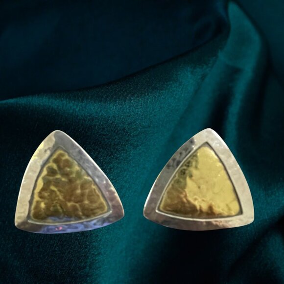 Vintage Jeep Collins Triangle Earrings Sterling Silver Brass Modernist Clip On - Picture 3 of 16